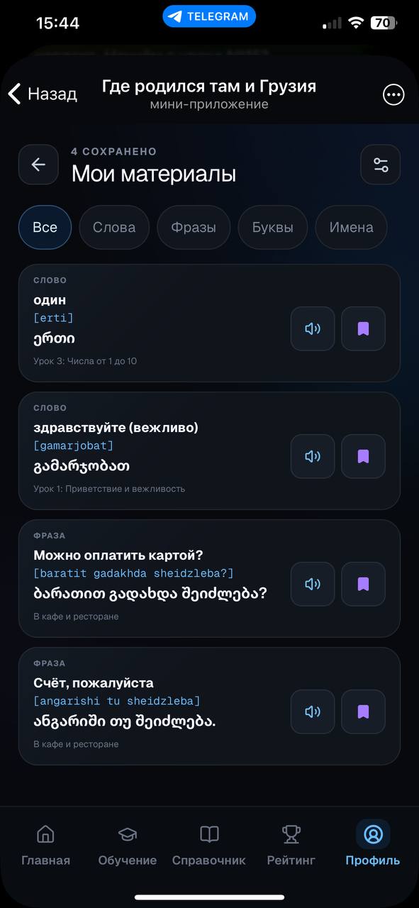 Профиль, Мои материалы: сохранённые слова и фразы с фильтрами